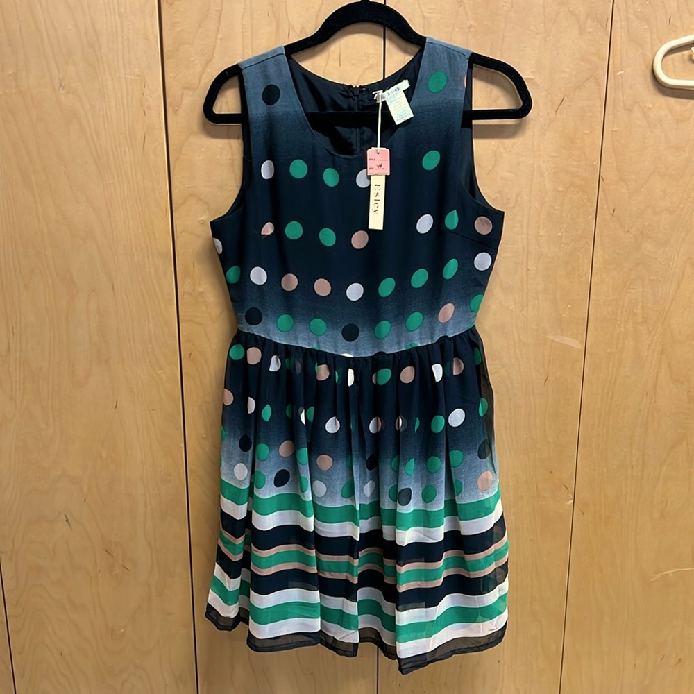 Anthro - Esley NWT Cute Short Pleats Polka Dot dress black green pink Med Matcha